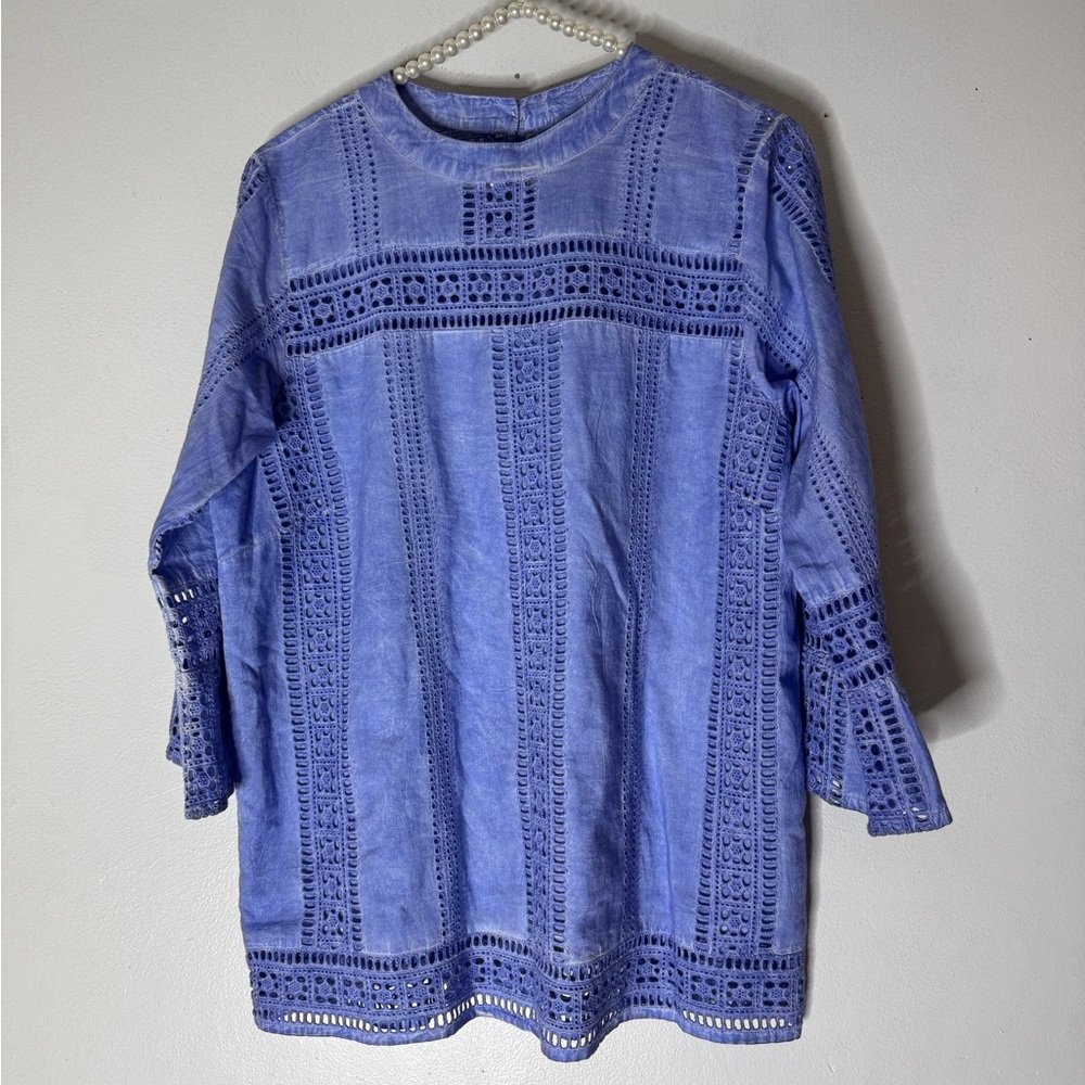 THML Cotton‎ Eyelet Trim Tie Dye Bell Sleeve Top Blue Medium
